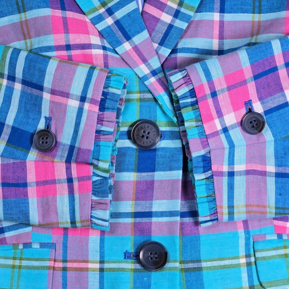 Talbots Petite 4P Madras Plaid Linen Blend Blazer Blue Pink Green Ruffle Cuff - Picture 5 of 10